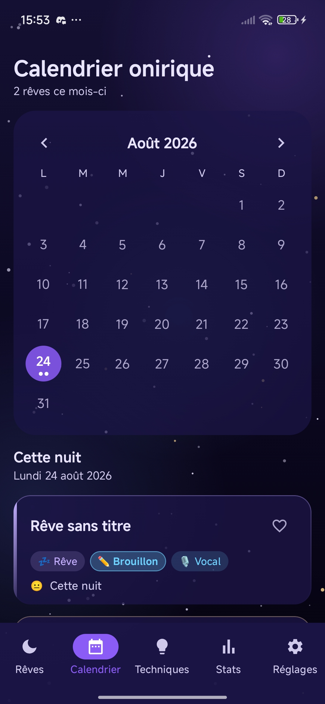 Calendrier onirique de ZzzApp : un mois entier, les nuits notées marquées, le détail de la nuit en dessous.