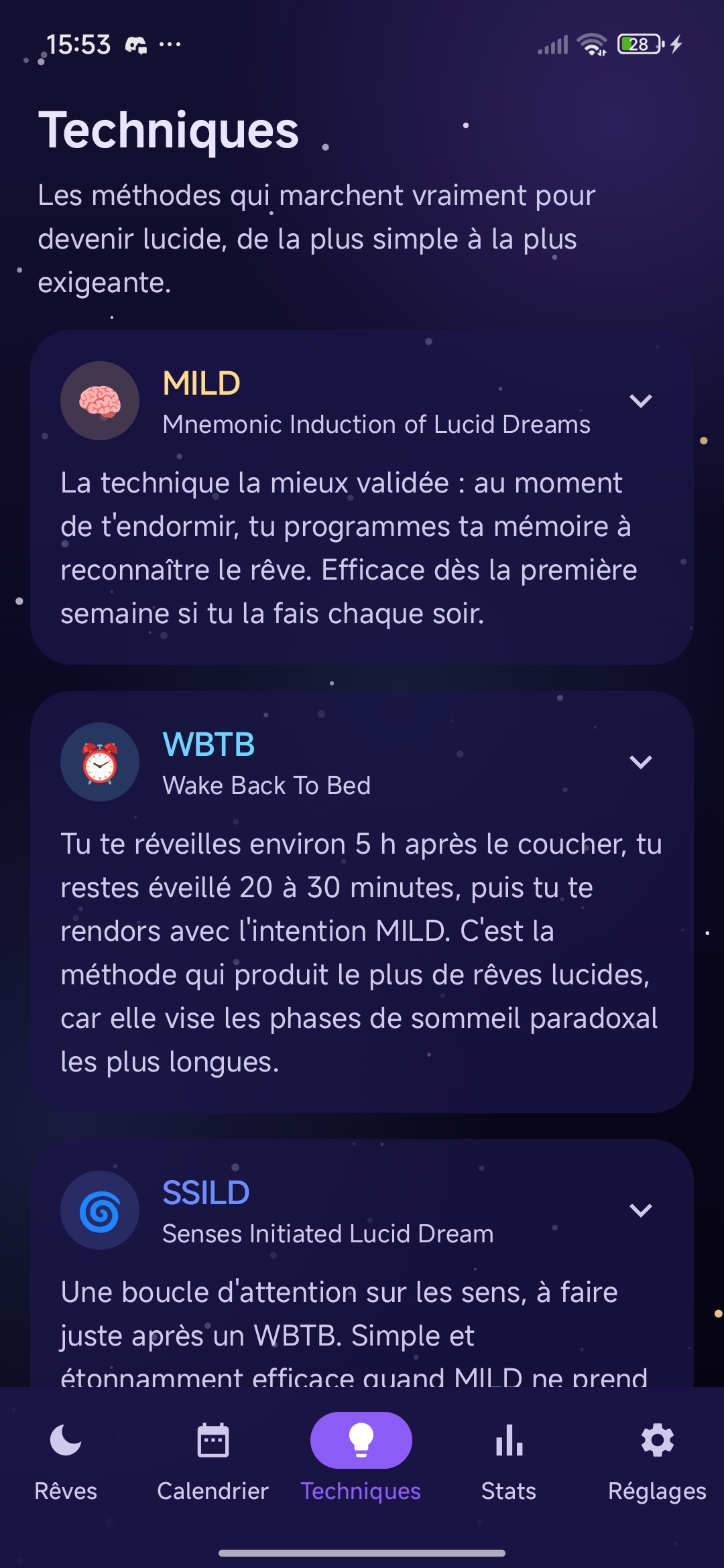 Écran Techniques de ZzzApp : les fiches MILD, WBTB et SSILD, chacune dépliable.